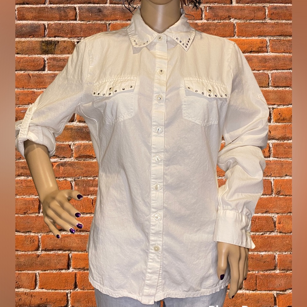 Converse One Star White Button-Down Shirt Top with Embellishments Size Large EUC